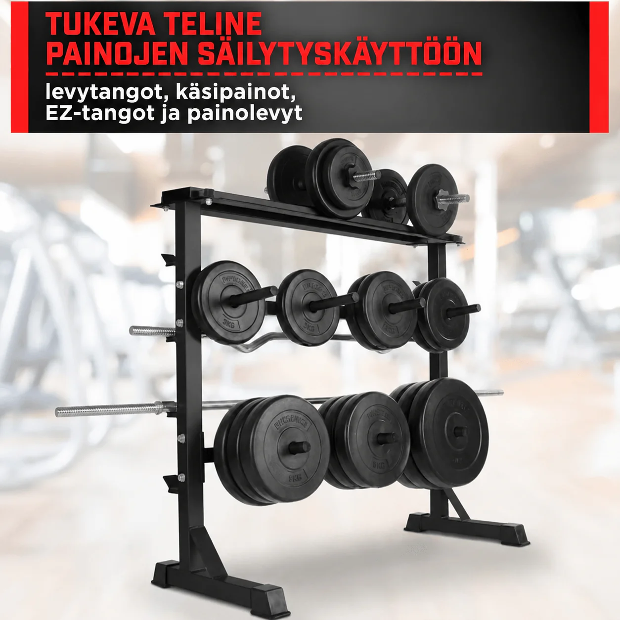 3-in-1 painoteline 30 mm levypainoille, käsipainoille ja levytangoille, musta - Image 7