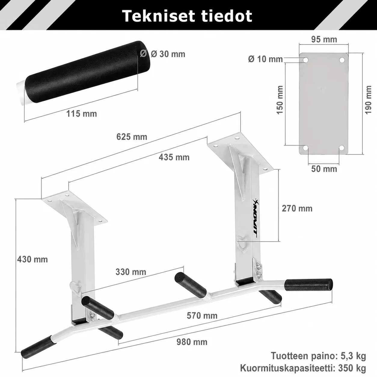 Leuanvetotanko kattoon 350 kg, moniotemalli – musta/valkoinen - Image 7